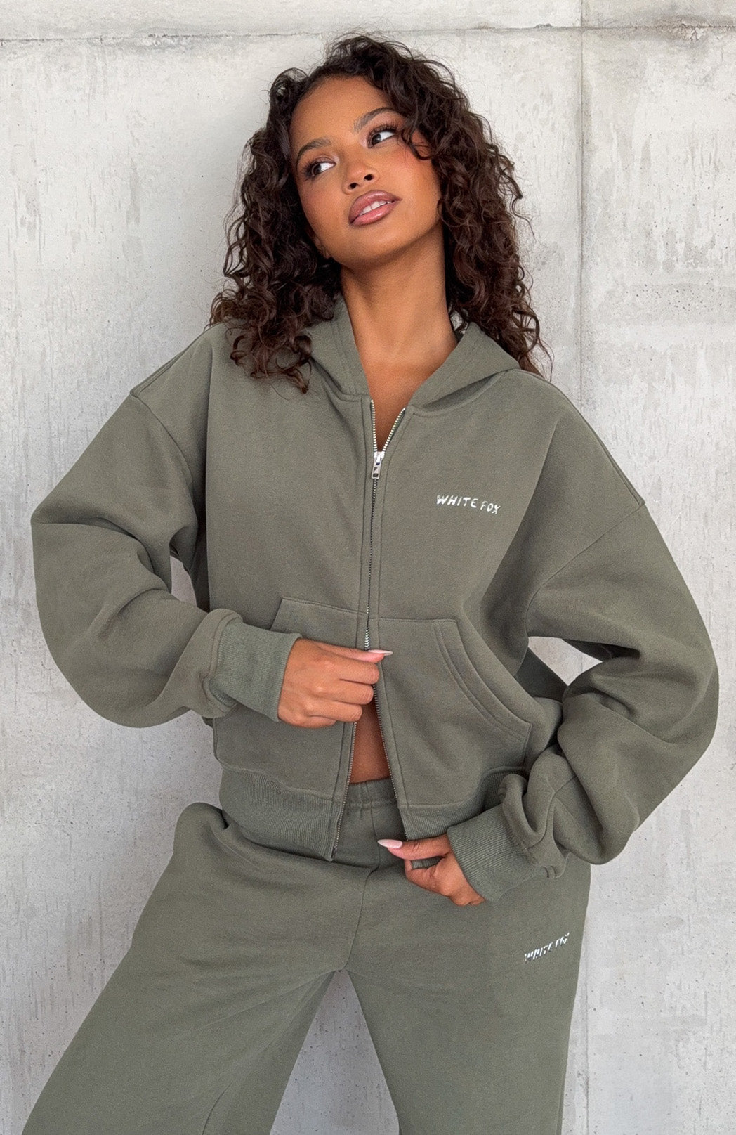 White Fox Test Drive Boxy Zip Front Hoodie Khaki