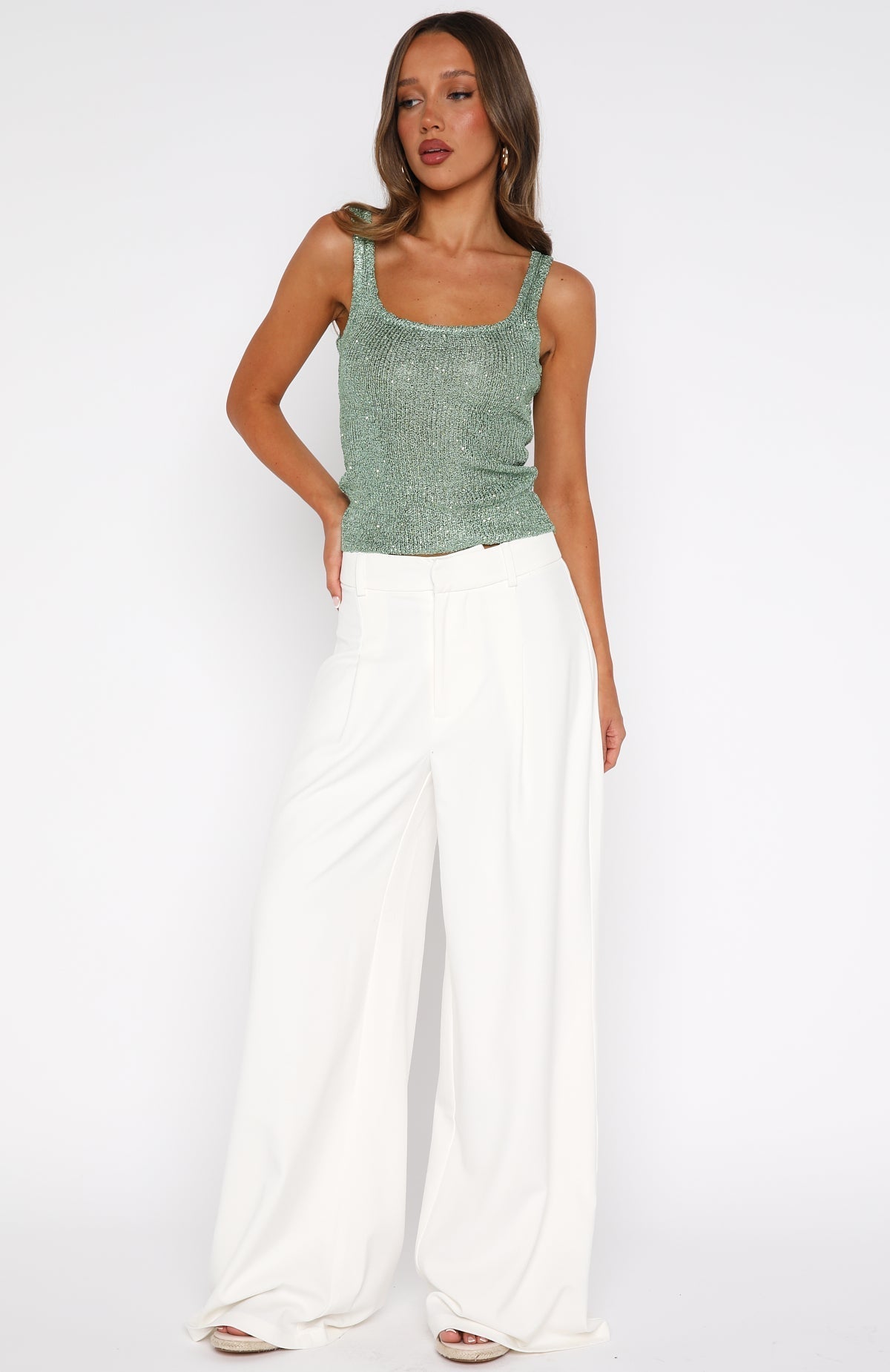 White Fox Down For Me Sequin Knit Top Spearmint