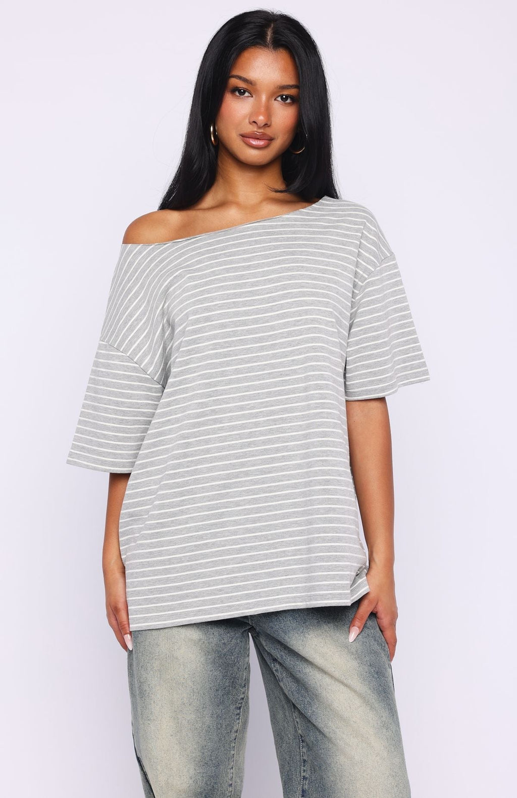 White Fox Give Me Options Off Shoulder Tee Grey/White Stripe