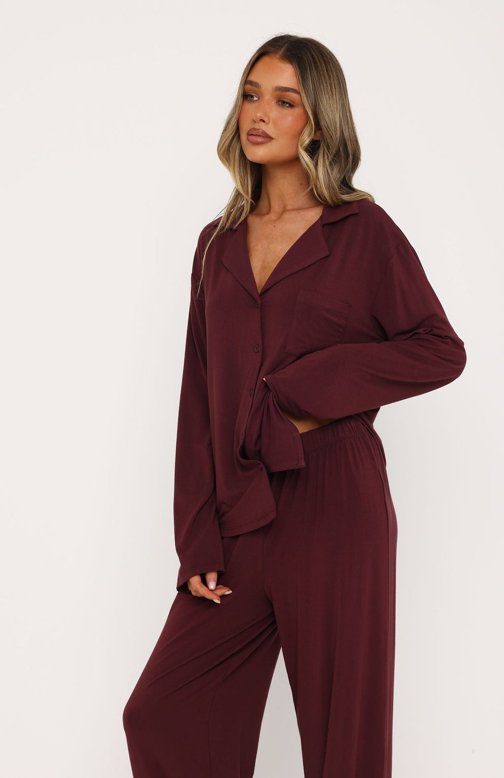 White Fox Pillow Talk Long Sleeve Pyjama Set Burgundy
