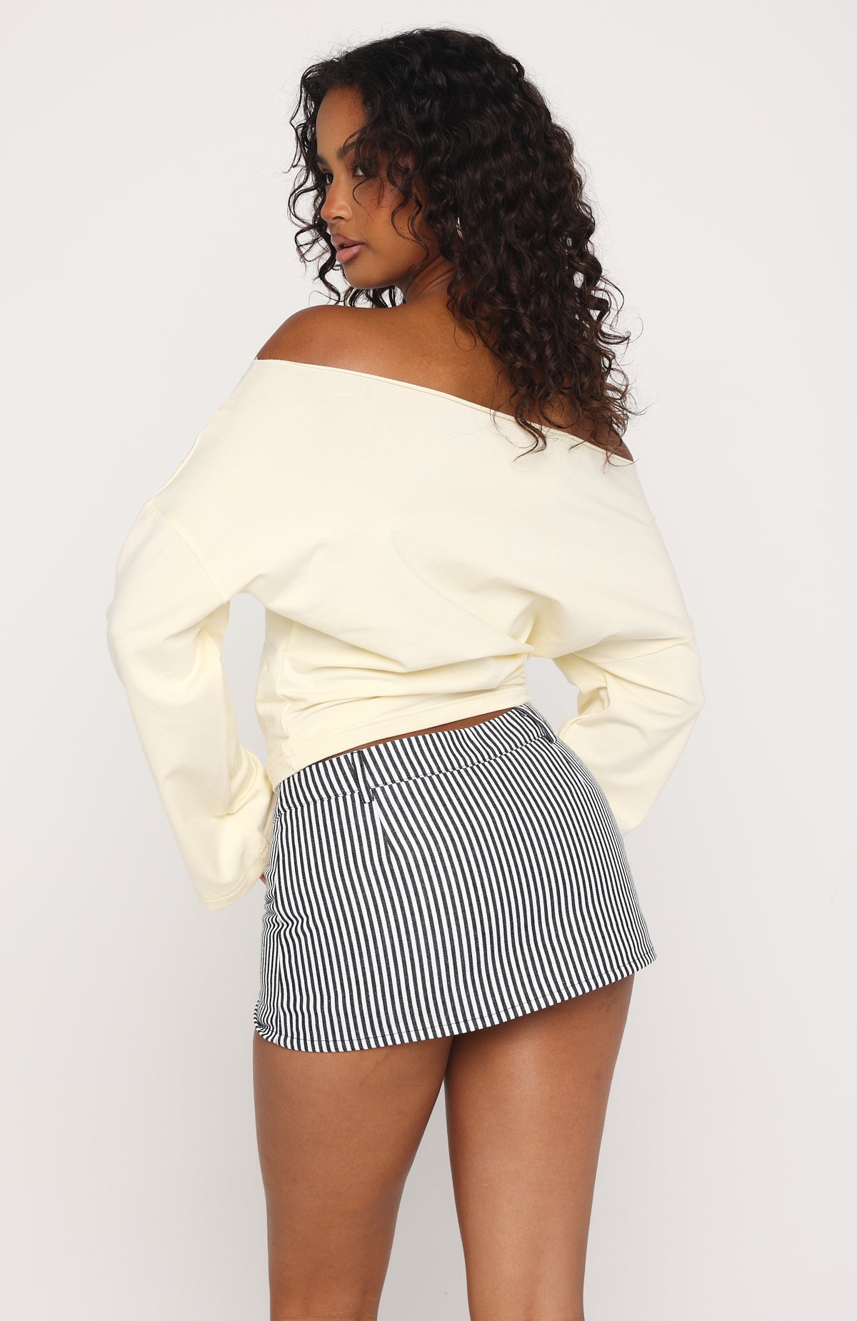 White Fox Falling For Him Cinched Waist Off Shoulder Long Sleeve Top Butter