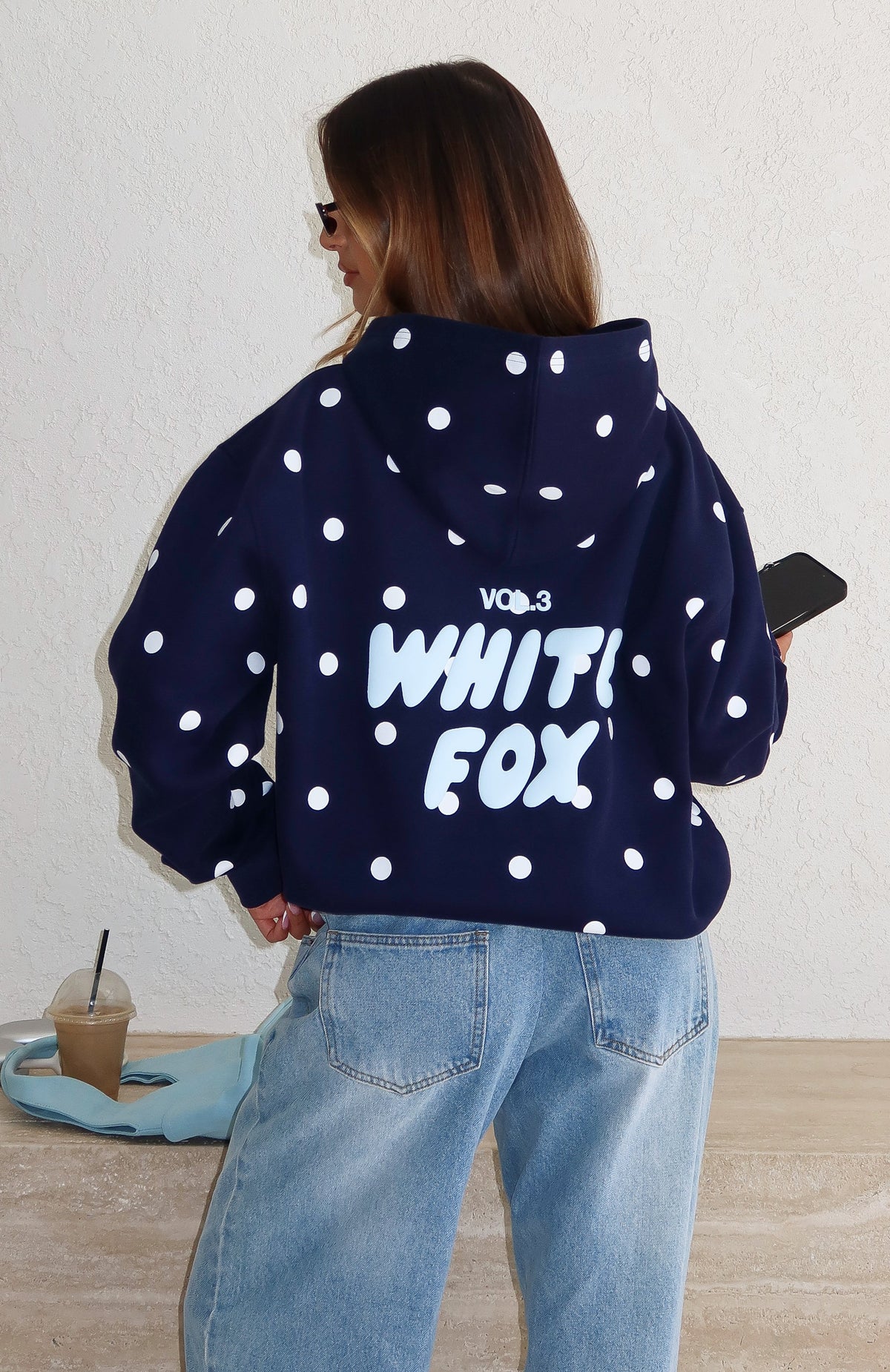 White Fox Offstage Printed Oversized Hoodie Navy Polka Dot