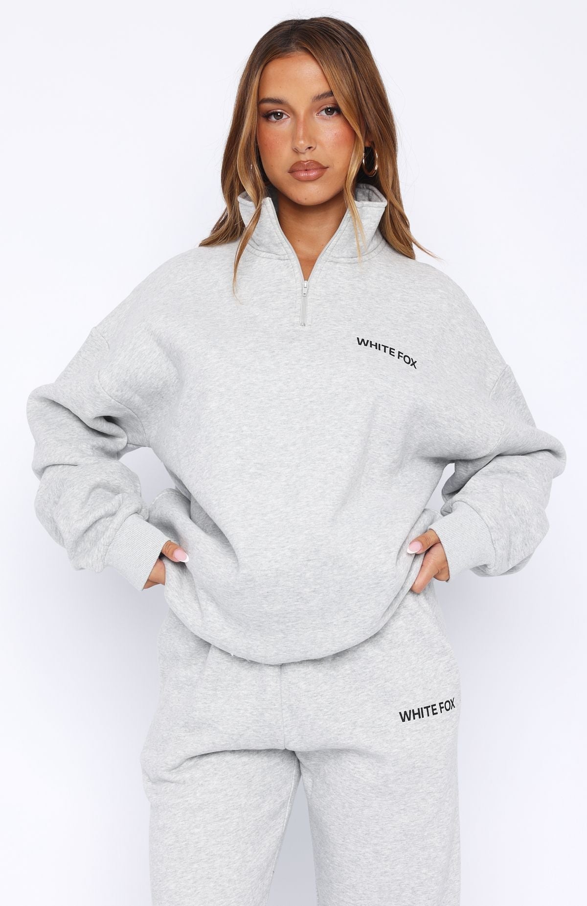 White Fox Core Classic Zip Front Sweater Dark Grey Marle