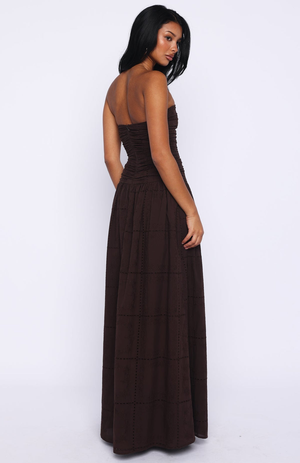 White Fox Bittersweet Babe Strapless Broderie Maxi Dress Chocolate