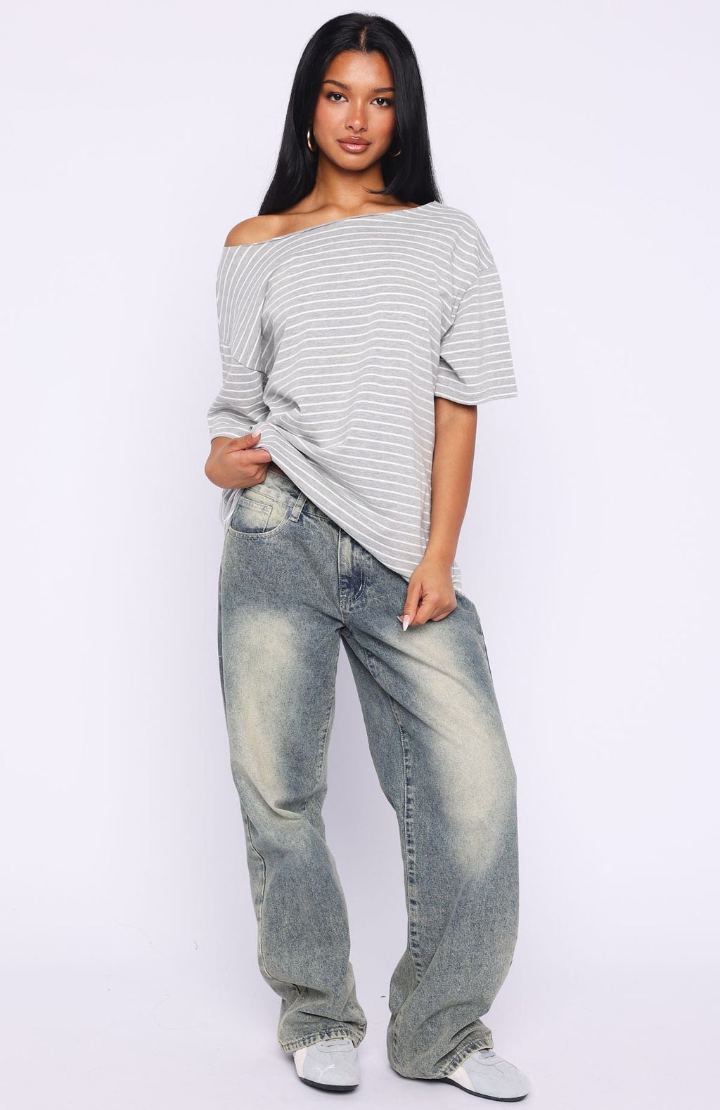 White Fox Give Me Options Off Shoulder Tee Grey/White Stripe