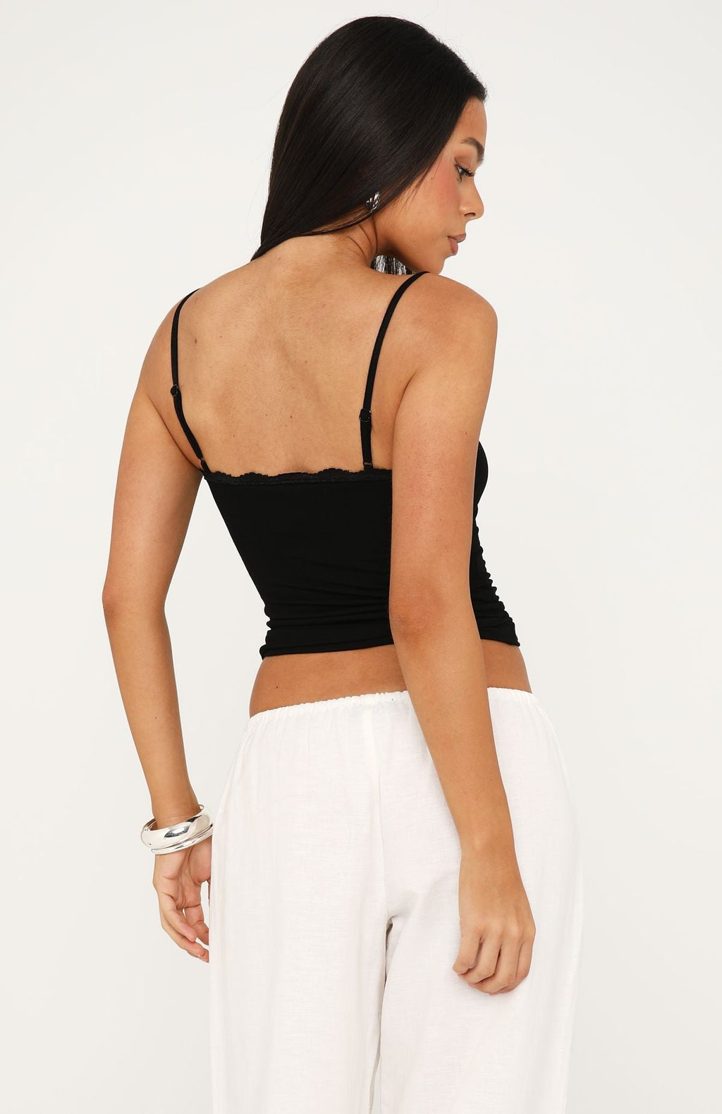 White Fox Easy Love Lace Trim Tank Top Black