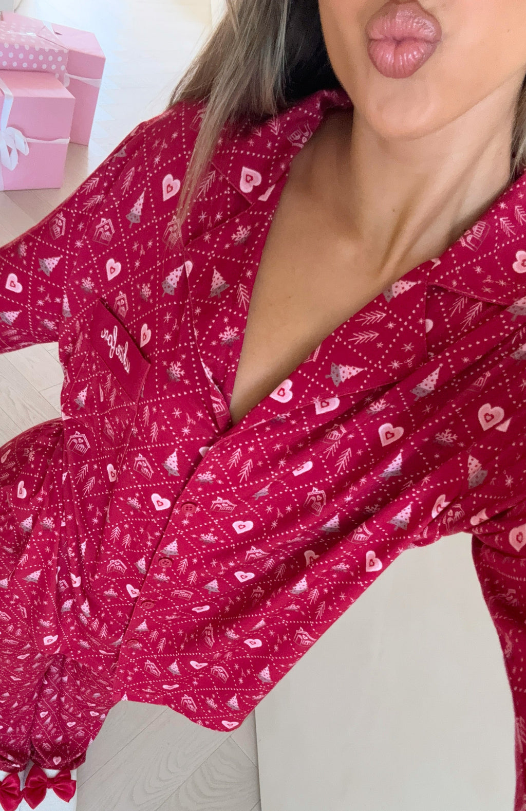 White Fox Pillow Talk Printed Long Sleeve Pyjama Set Cherry Noel