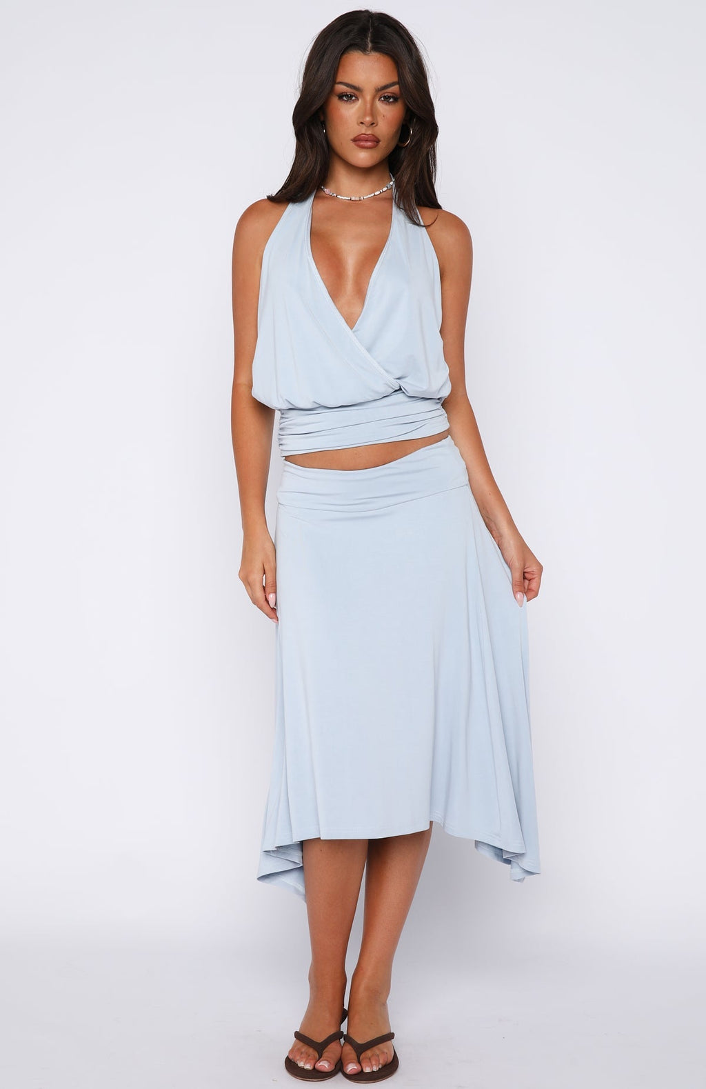 White Fox On Display Halter Top Baby Blue