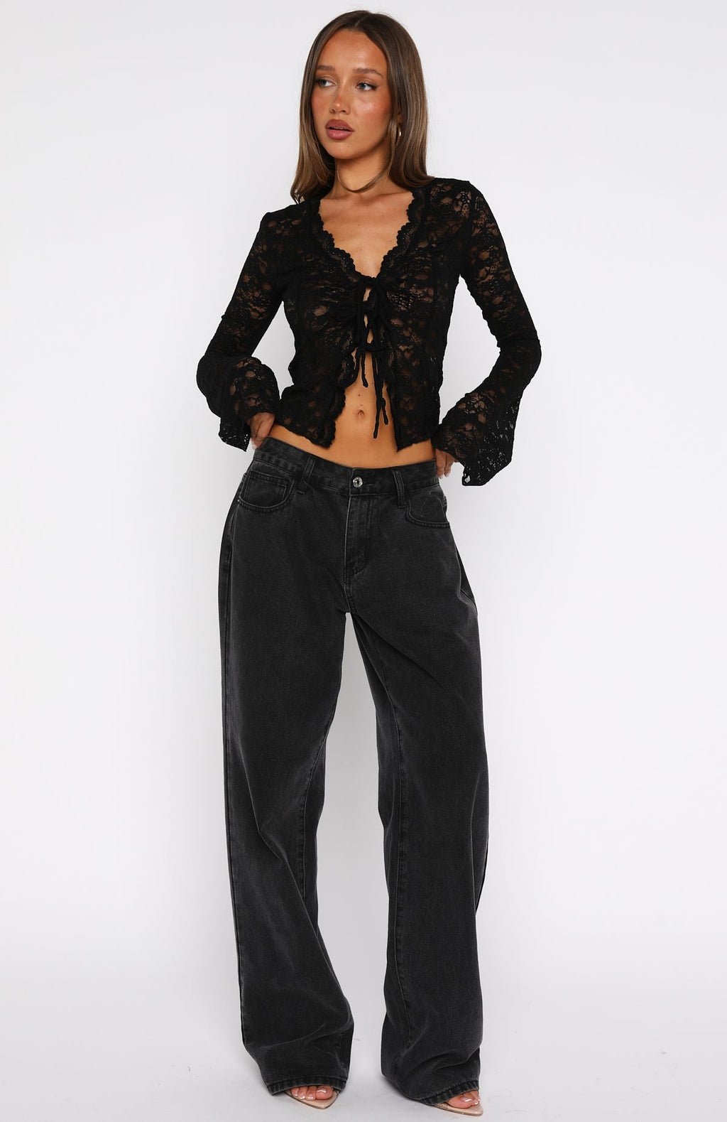 White Fox Oh So Careless Long Sleeve Lace Top Black