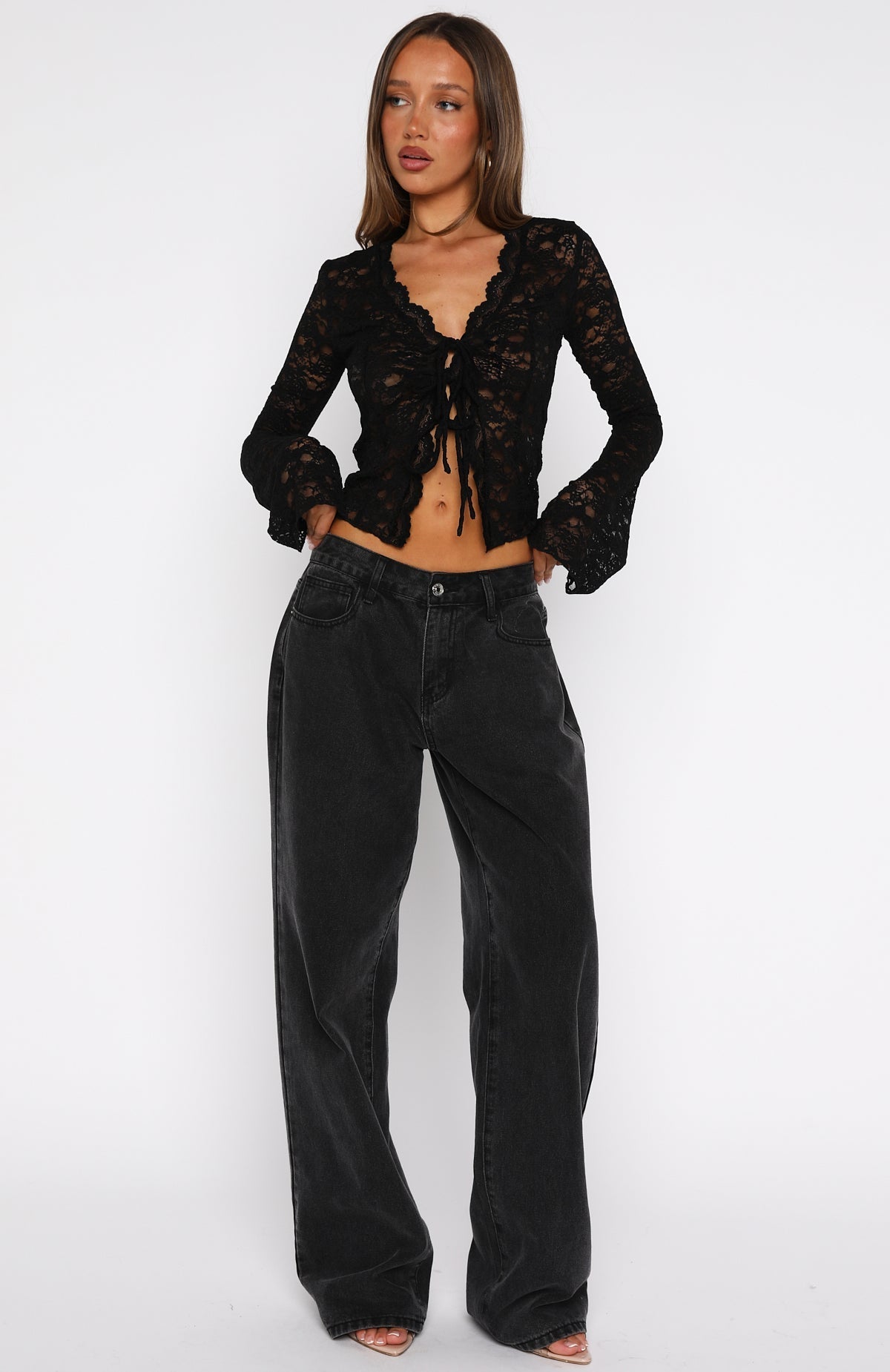 White Fox Oh So Careless Long Sleeve Lace Top Black