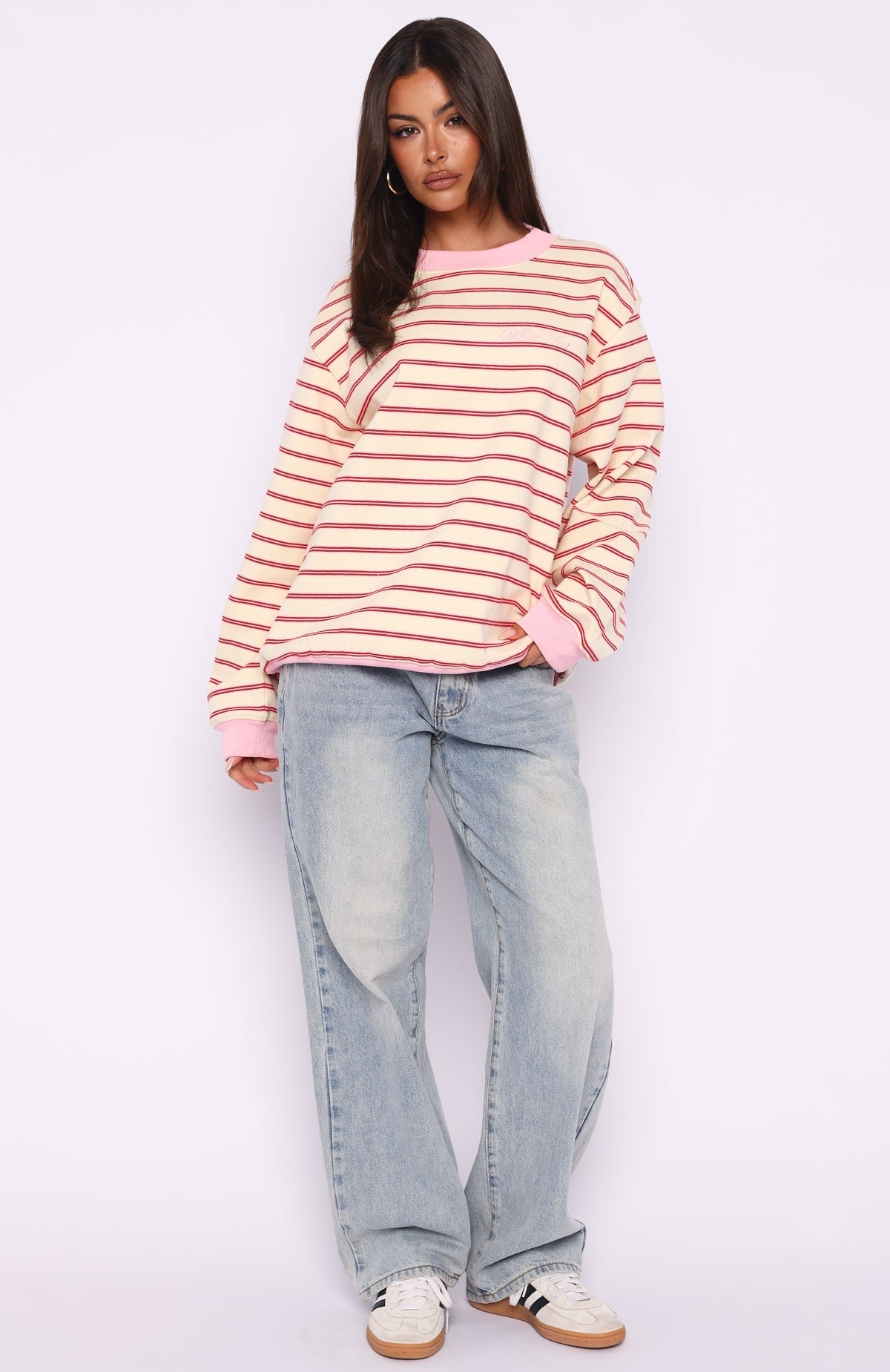 White Fox Happy Go Lucky Oversized Sweater Cream/Red Stripe
