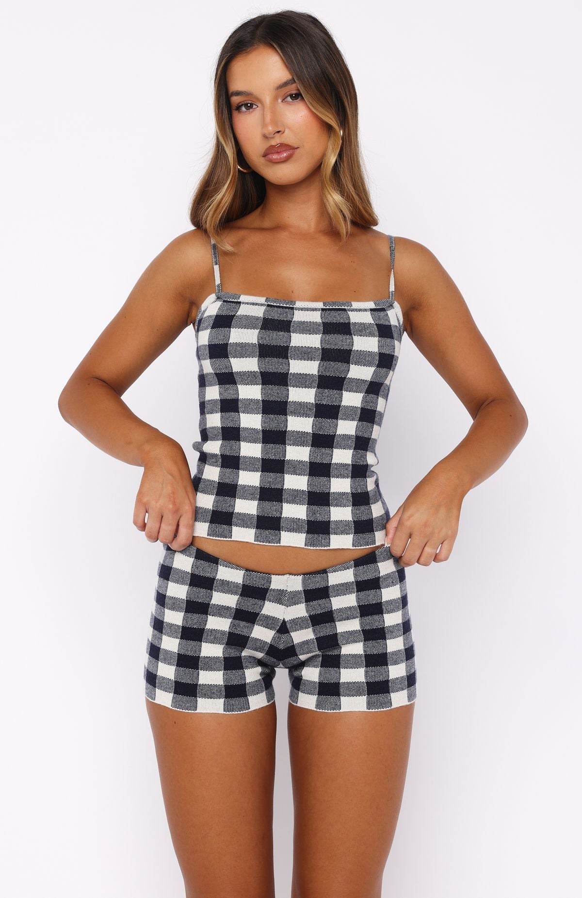 White Fox Iconic Duo Knit Cami Top Navy/Cream Gingham