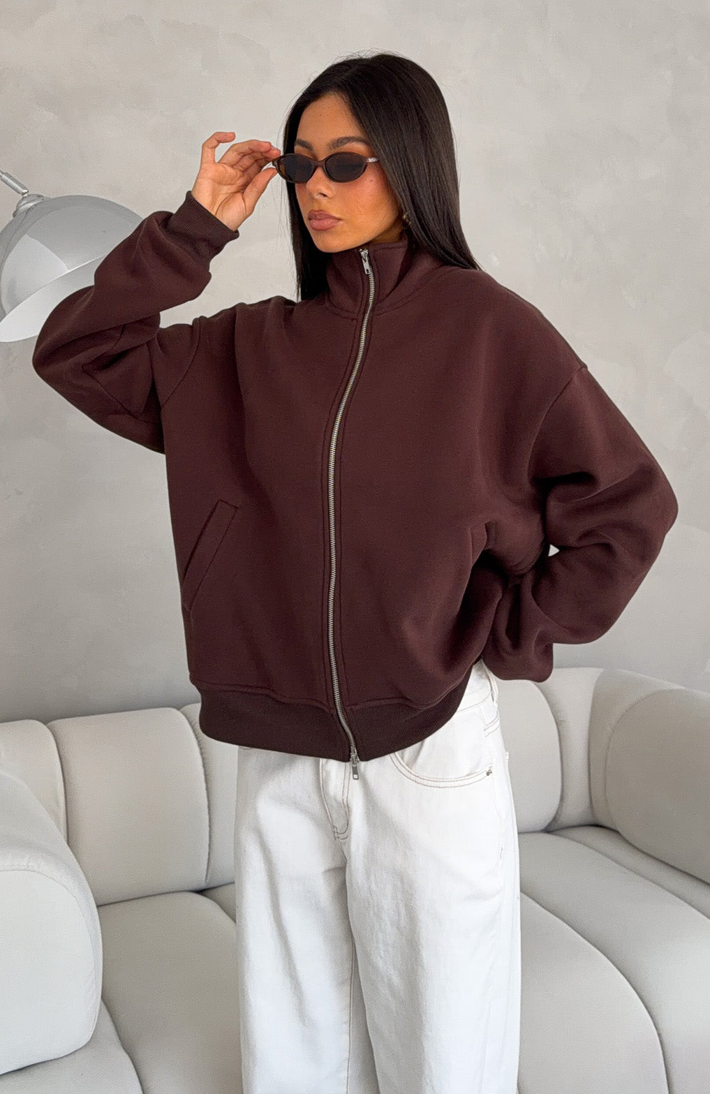 White Fox Such A Dream Oversized Zip Front Funnel Neck Jacket Chocolate