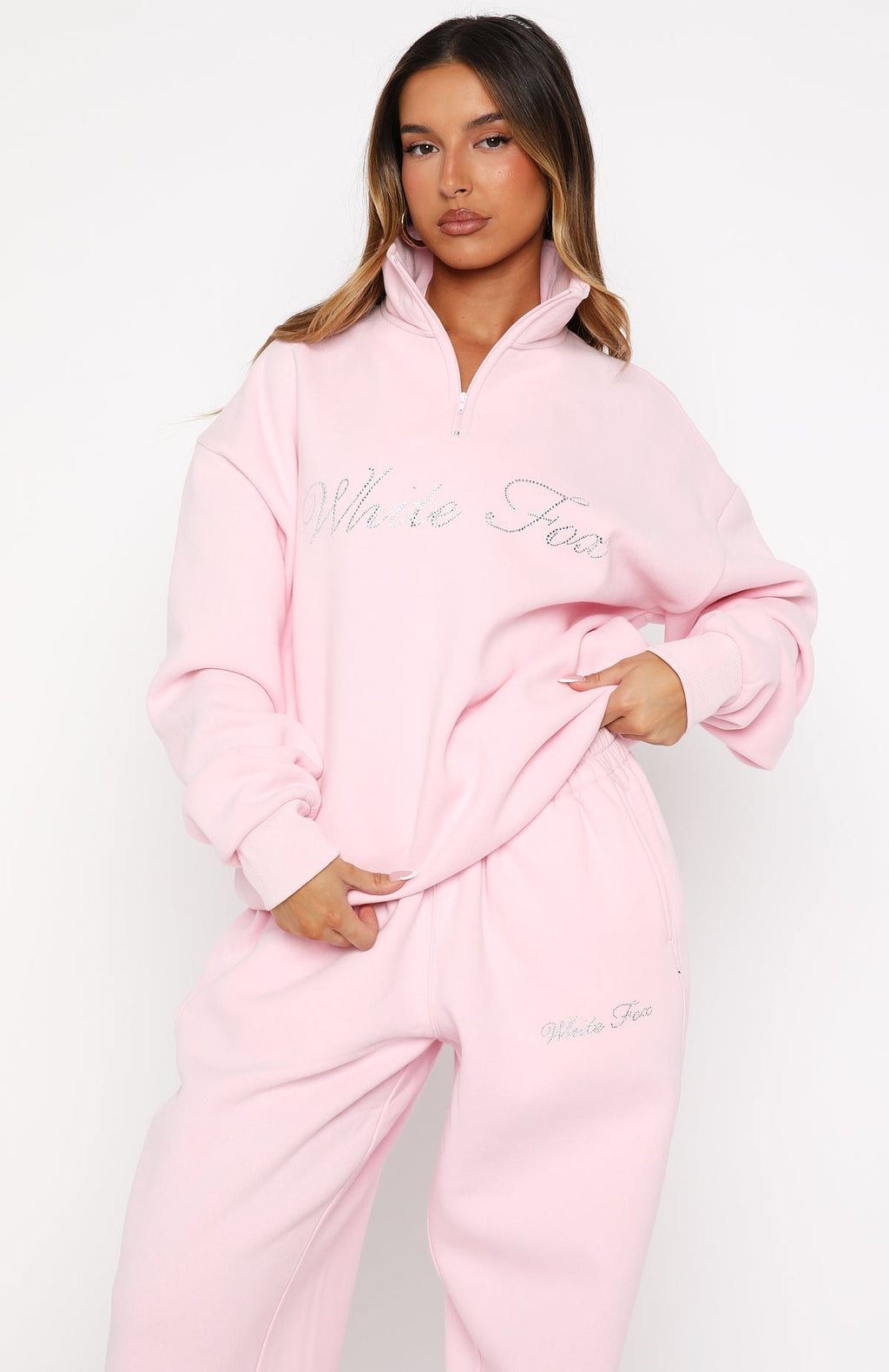 White Fox Make It Or Break It Quarter Zip Sweater Pink