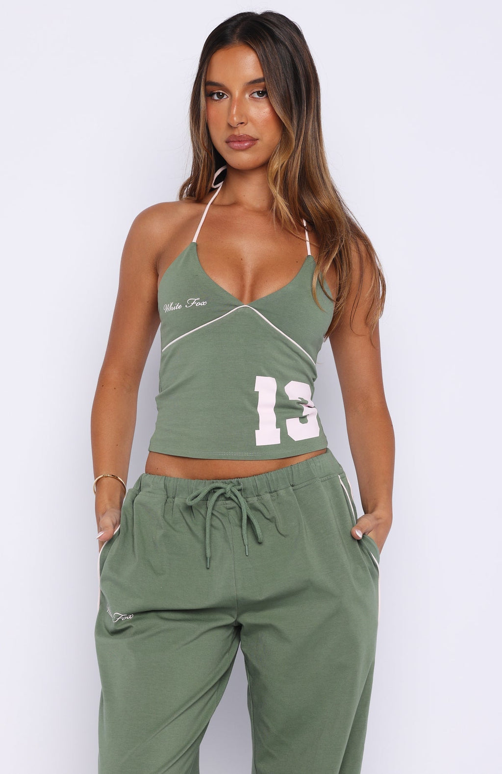 White Fox Can't Help The Feeling Halter Top Khaki