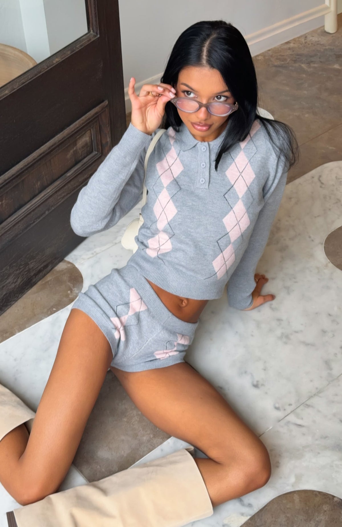 White Fox Candy Grid Argyle Knit Top Grey/Pink