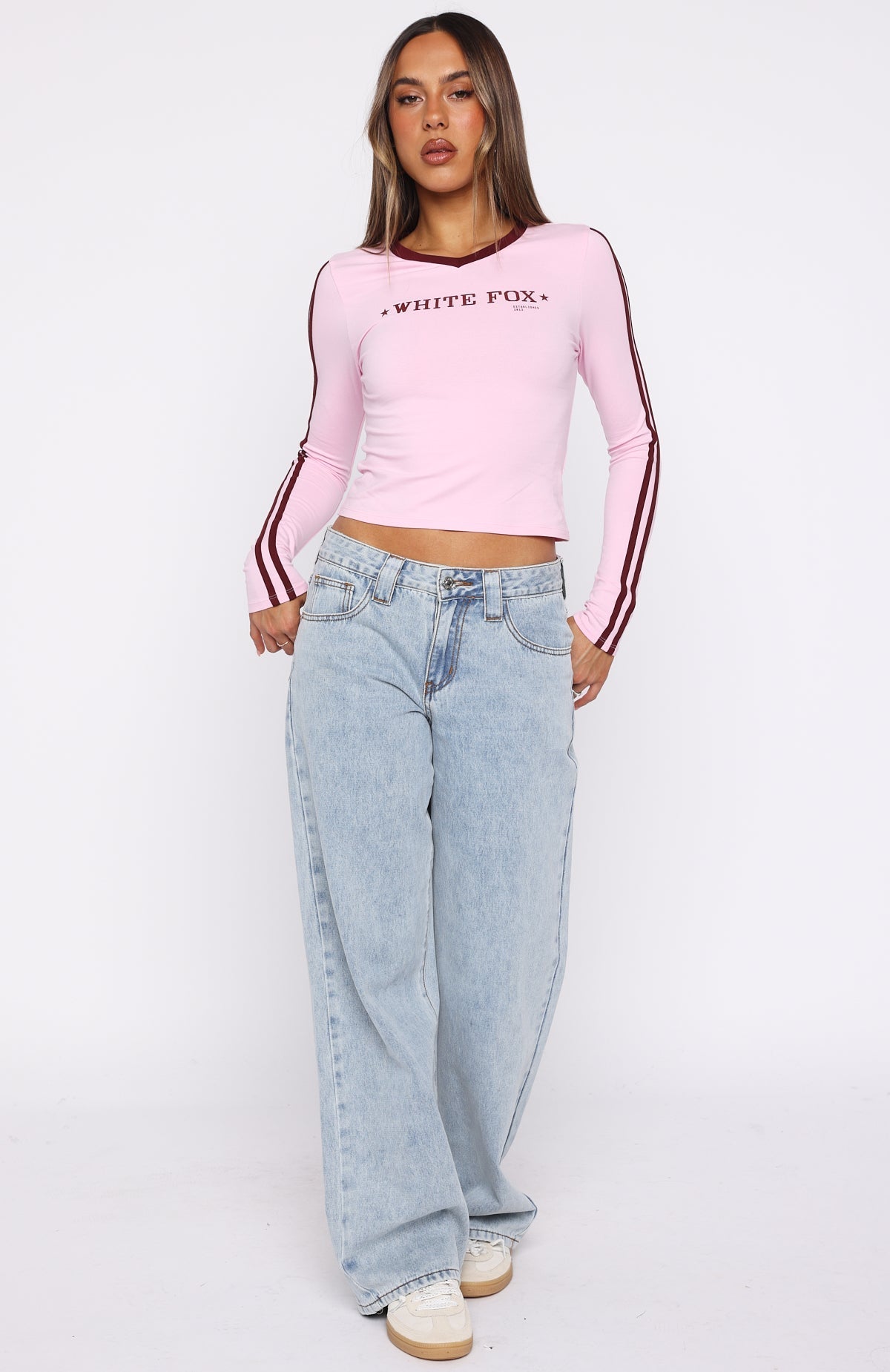 White Fox Star Of The Night Long Sleeve V Neck Baby Tee Pink