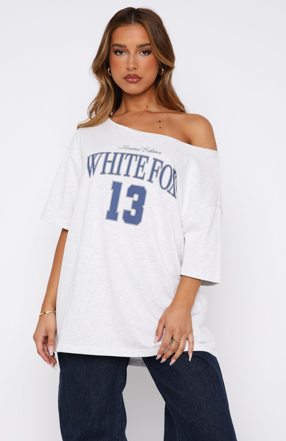 White Fox Everything In Time Off Shoulder Oversized Tee Grey Marle