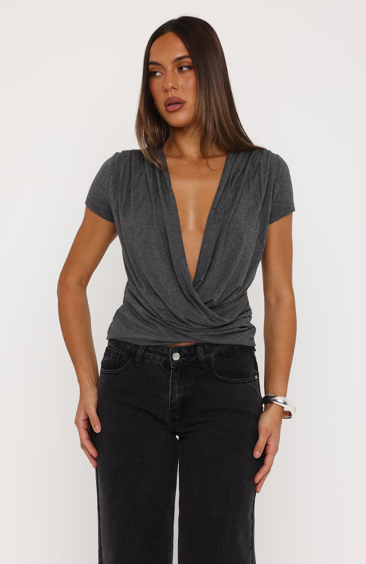 White Fox Almost Told You Short Sleeve Cowl Neck Top Charcoal Marle