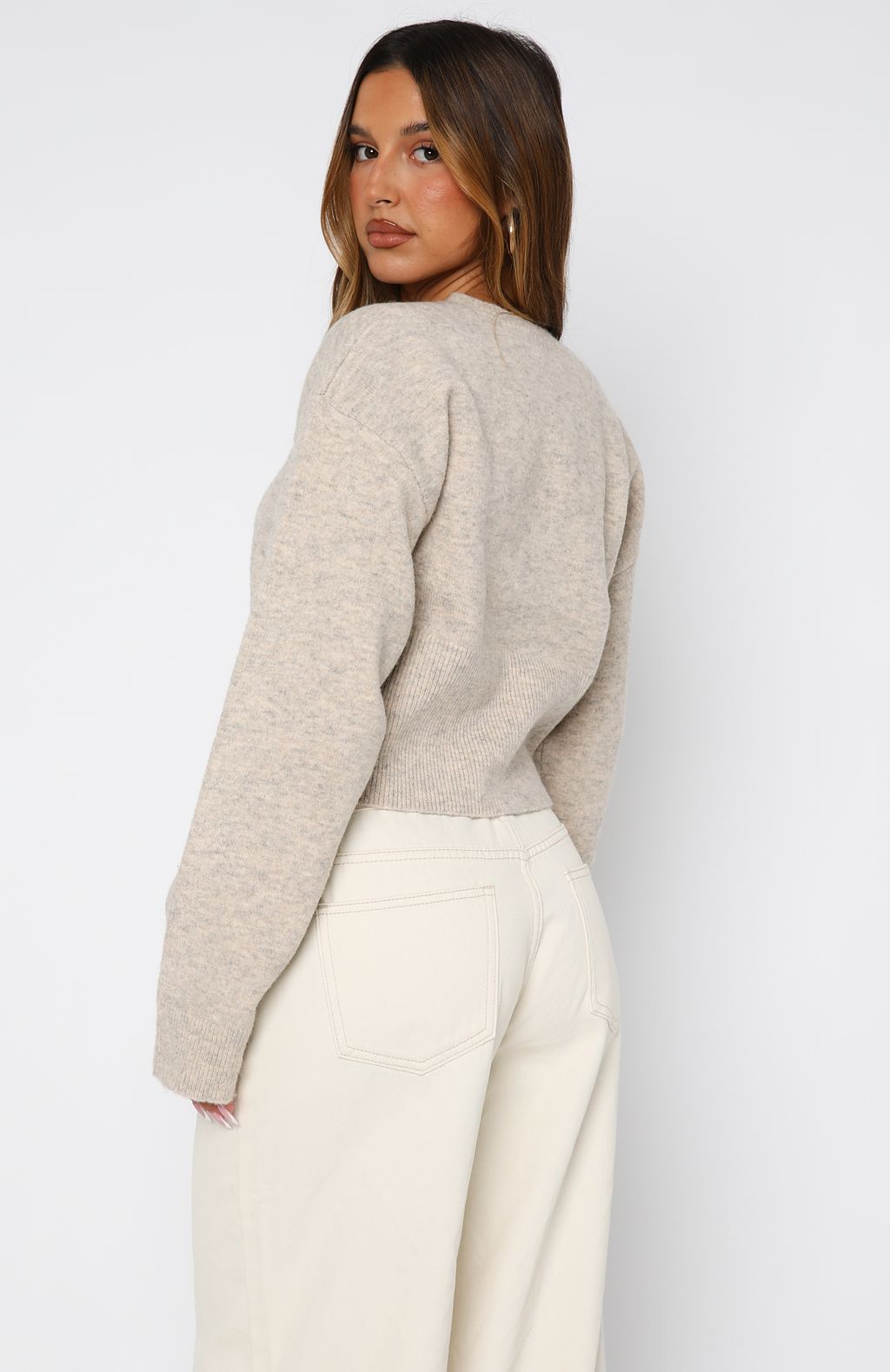 White Fox Make Me Happy Knit Cardigan Beige