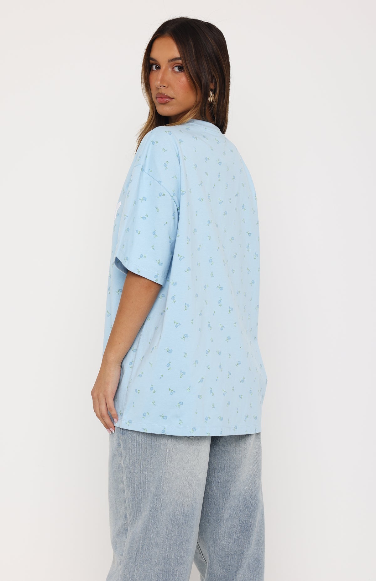 White Fox Offstage Printed Oversized Tee Blue Ditsy