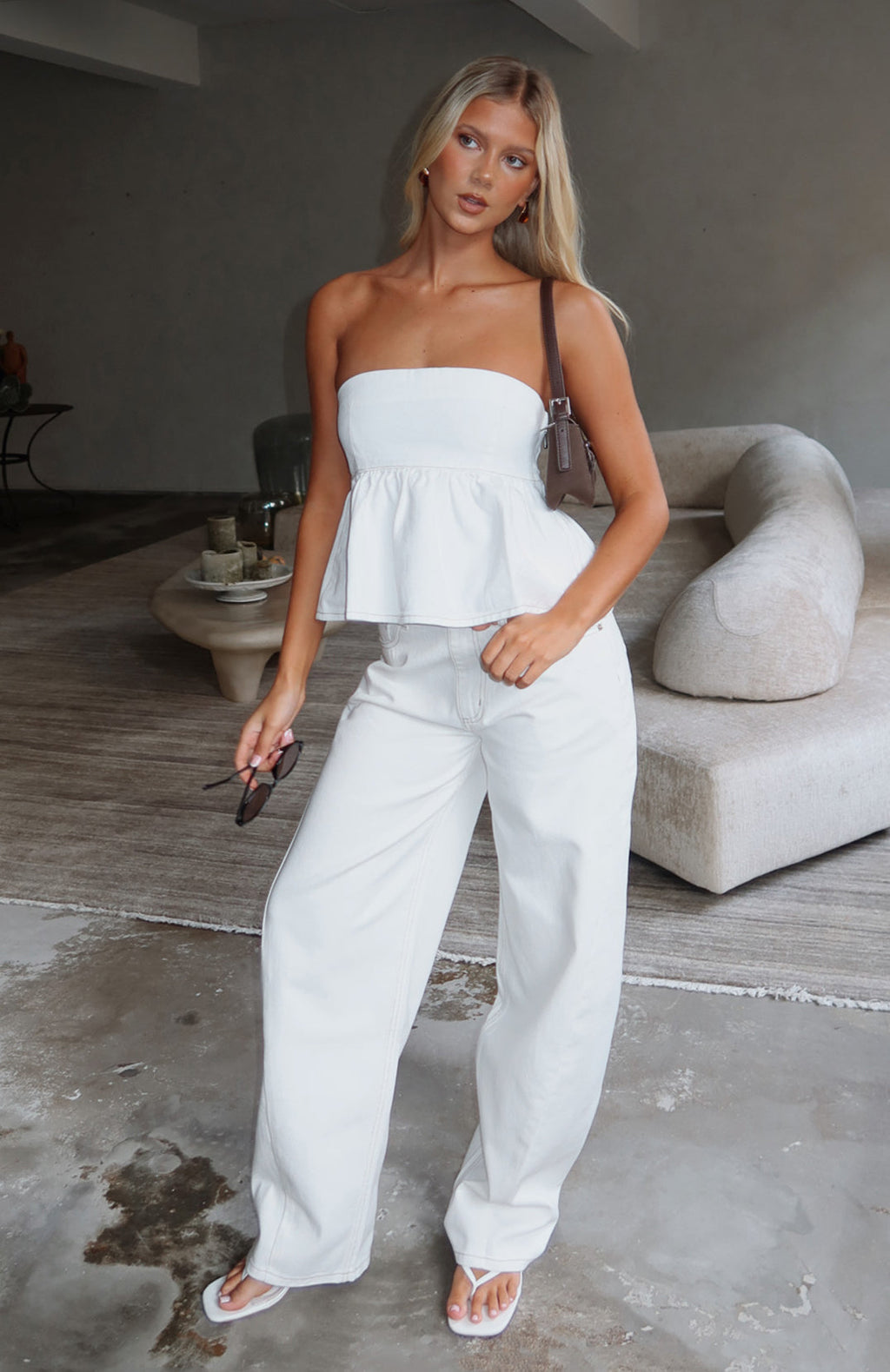 White Fox Kiara Mid Rise Barrel Leg Jeans Off White