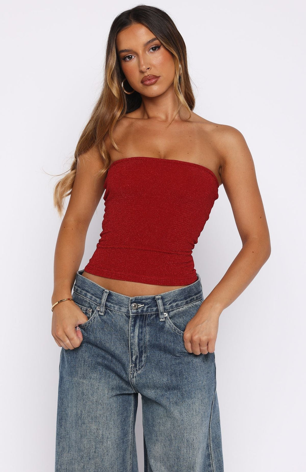 White Fox Passing By You Strapless Top Red