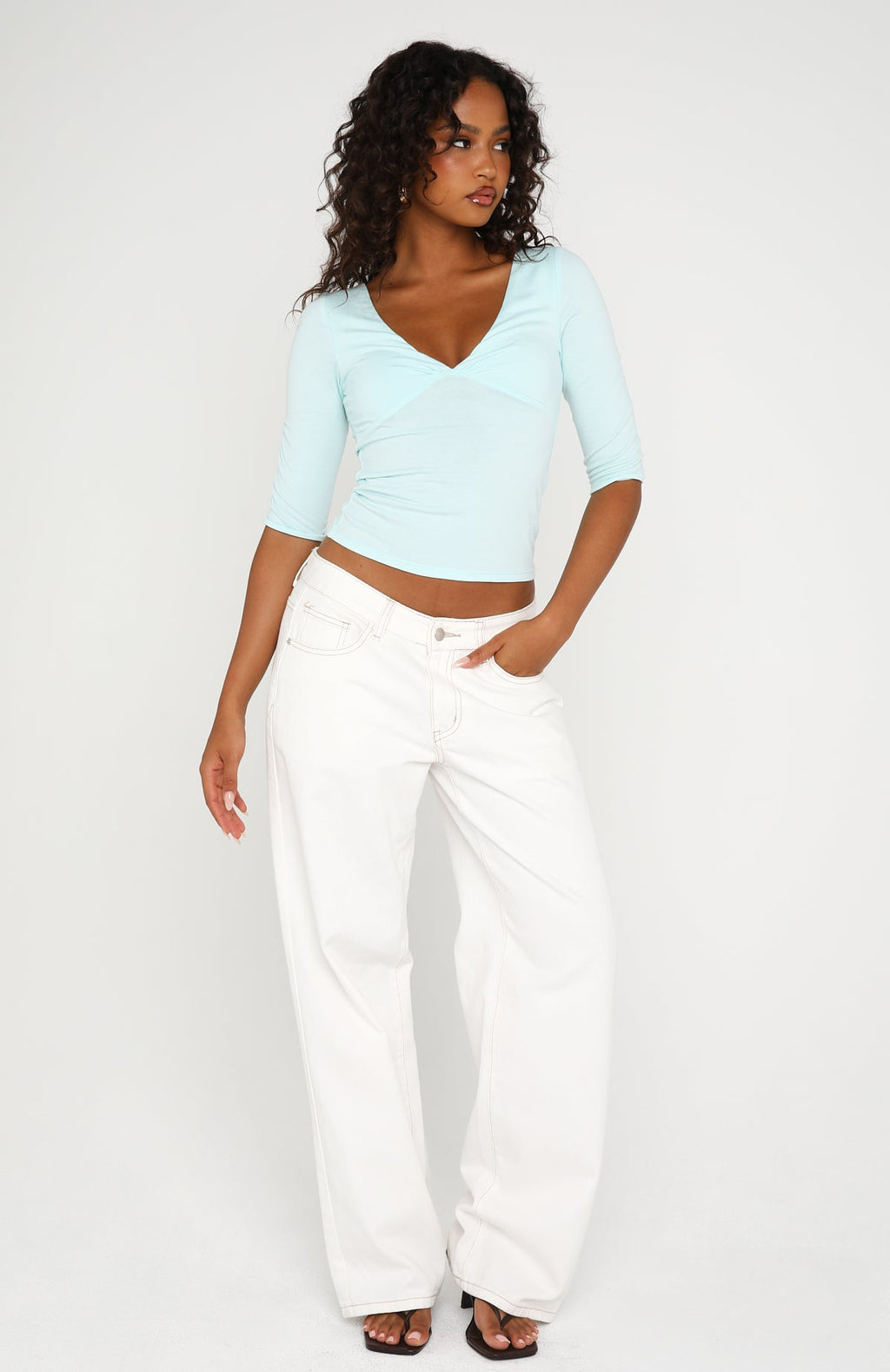 White Fox Little Bit Of Everything 3/4 Sleeve V Neck Top Baby Blue