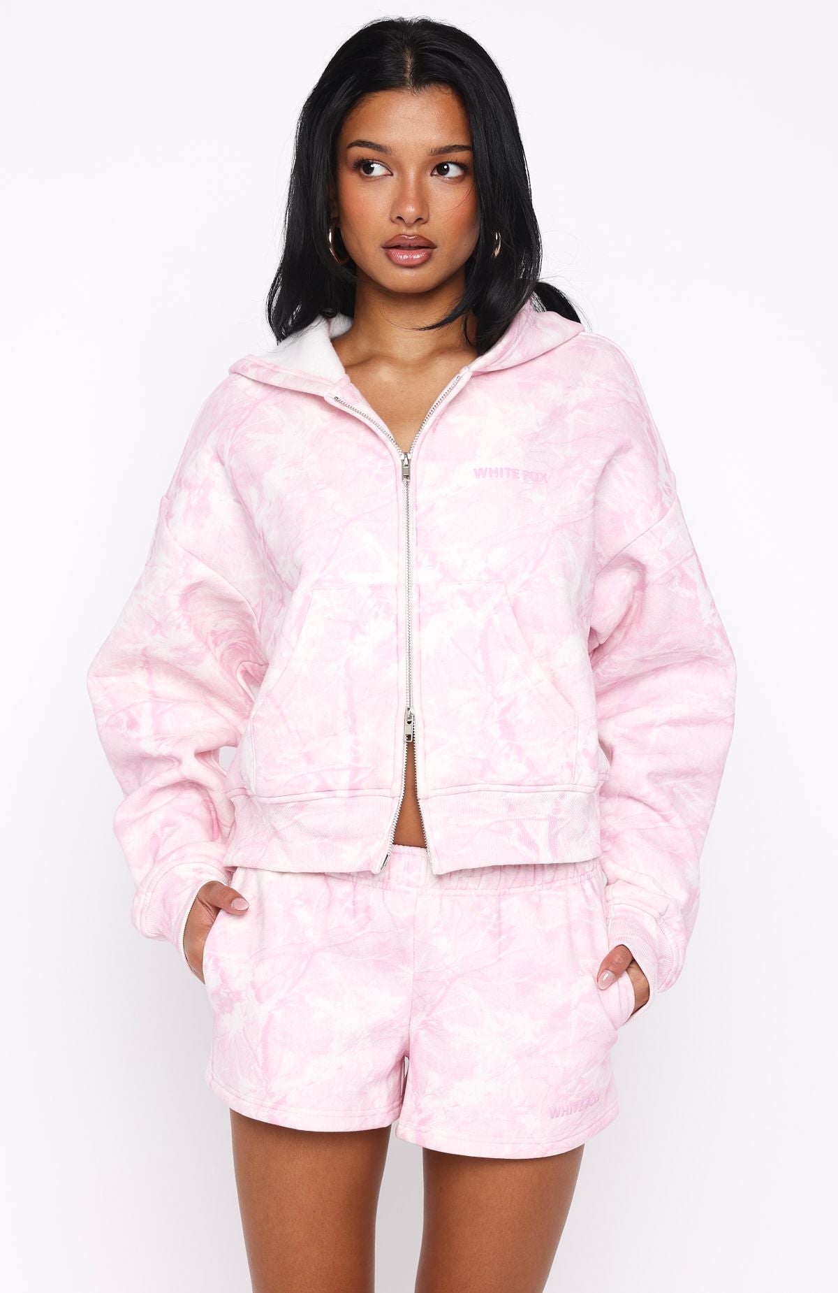 White Fox Hiding Away Boxy Zip Front Hoodie Pink Camo
