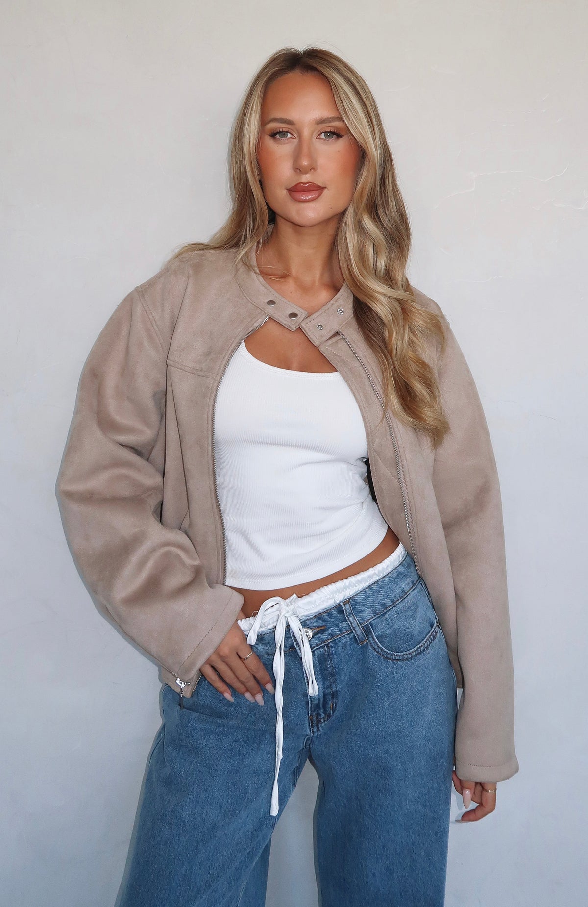 White Fox Watchin' Out Faux Suede Bomber Jacket Sand