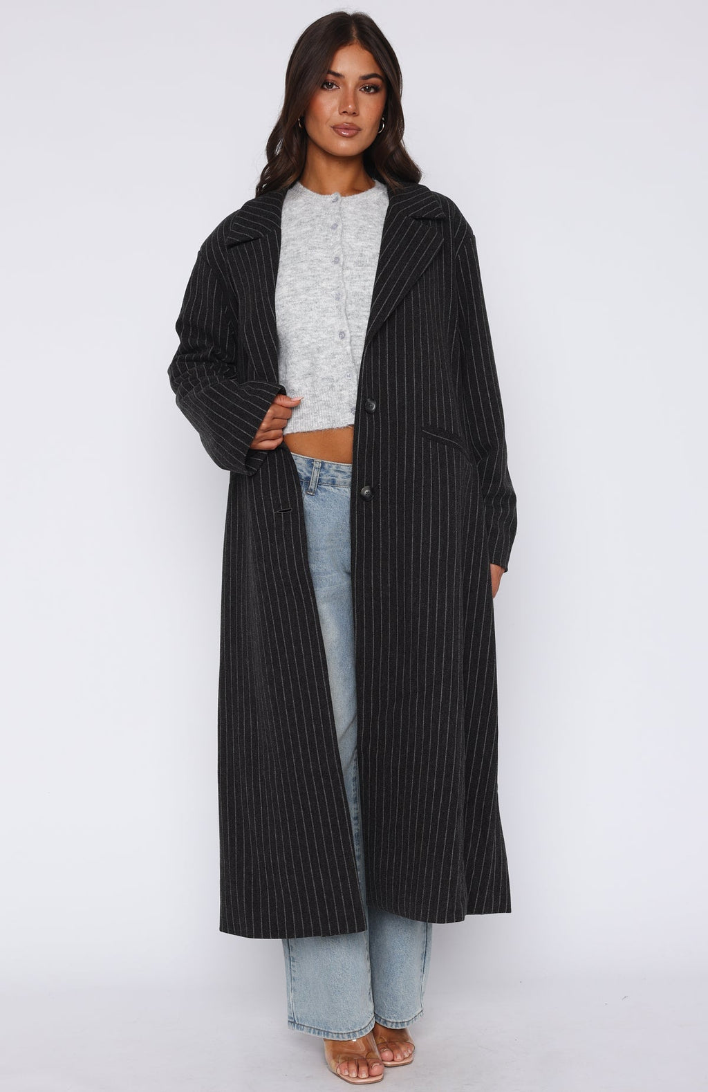 White Fox Walk By Me Oversized Coat Charcoal Pinstripe
