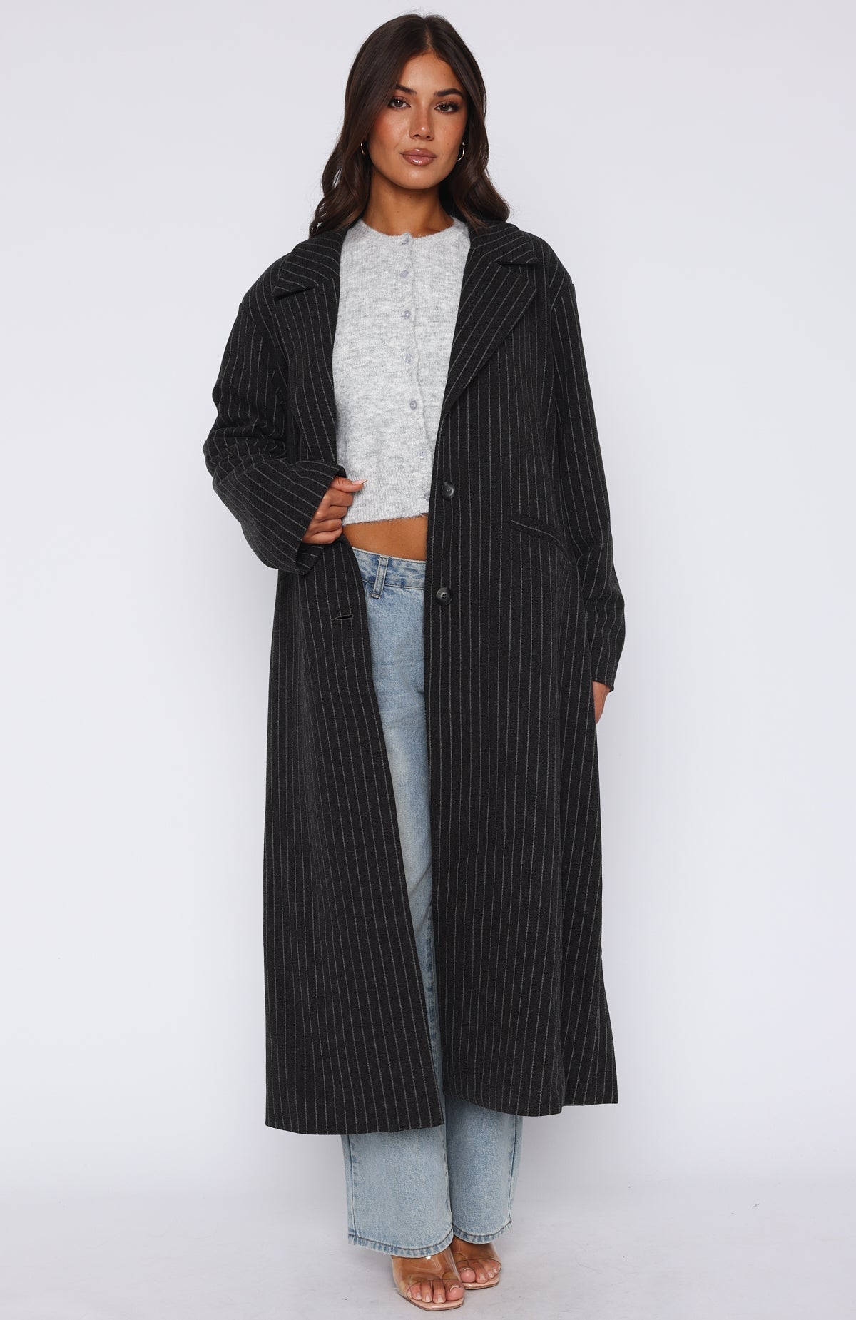 White Fox Walk By Me Oversized Coat Charcoal Pinstripe