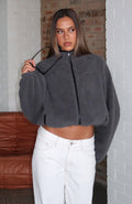 White Fox Calm Before The Storm Zip Front Fleece Sweater Charcoal