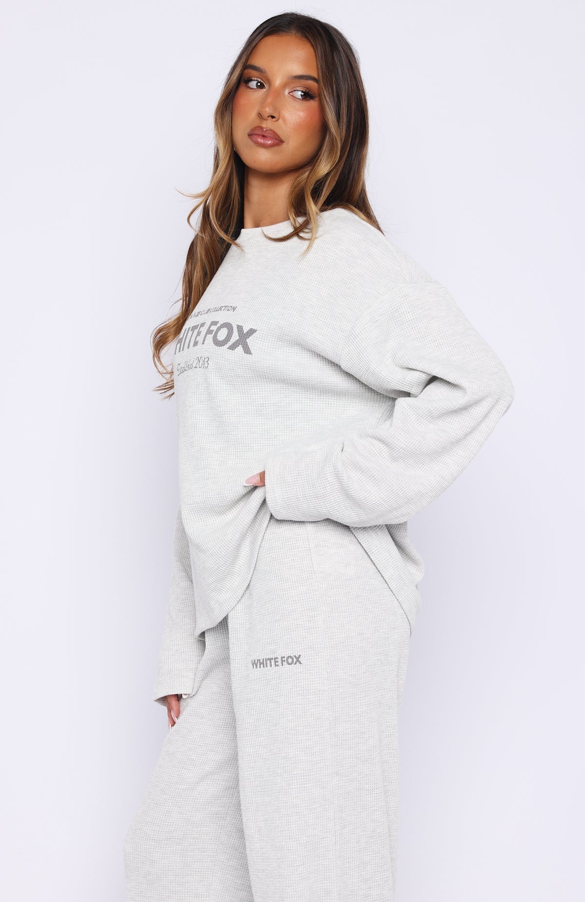 White Fox Leave Me Out Of It Waffle Oversized Long Sleeve Tee Grey Marle