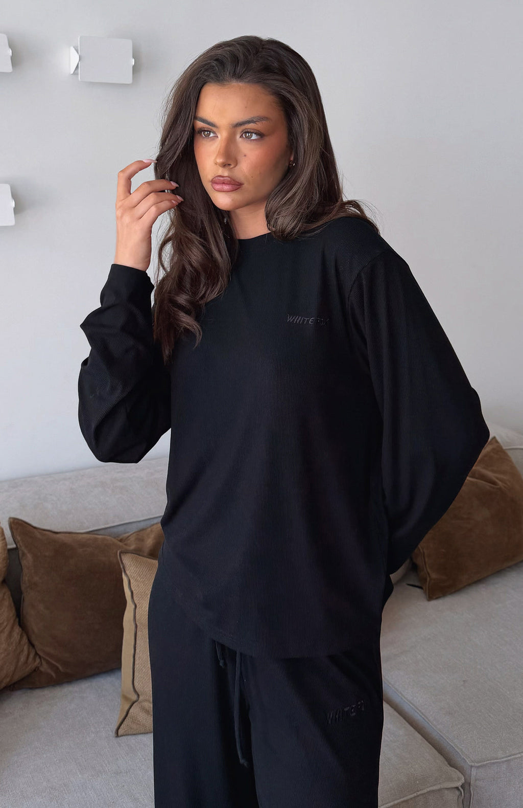 White Fox Come A Long Way Soft Lounge Long Sleeve Ribbed Tee Black