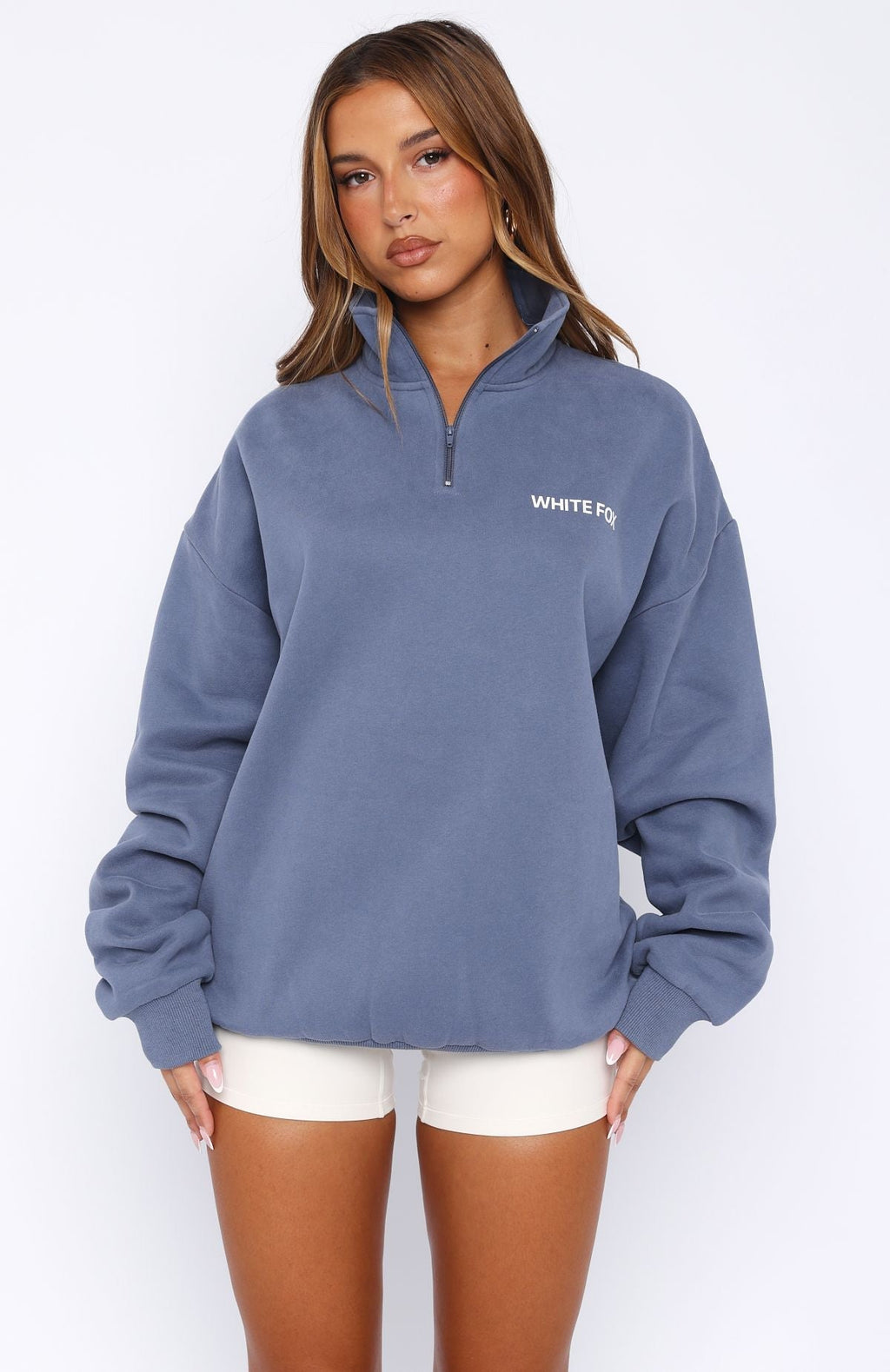 White Fox Core Classic Zip Front Sweater Ocean