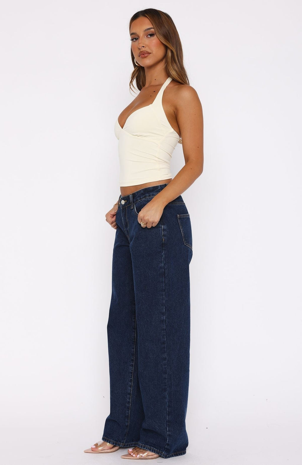 White Fox Bring The Style Low Rise Wide Leg Jeans Dark Blue