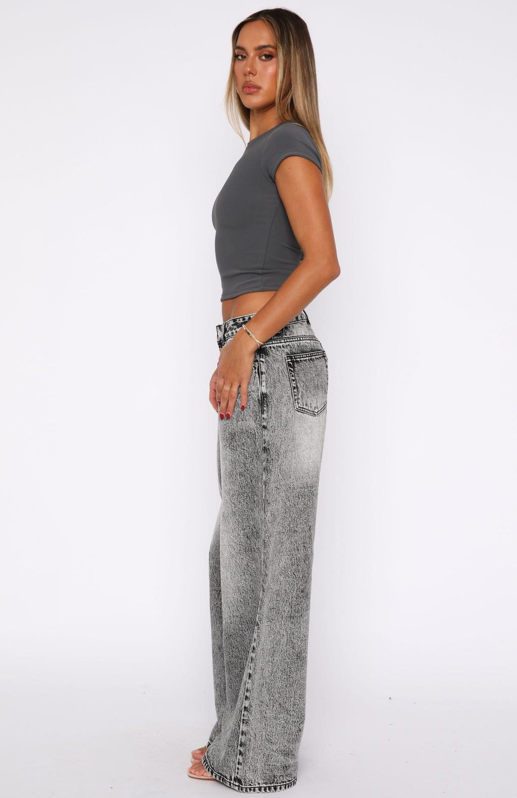 White Fox Maeve Low Rise Wide Leg Jeans Grey Acid