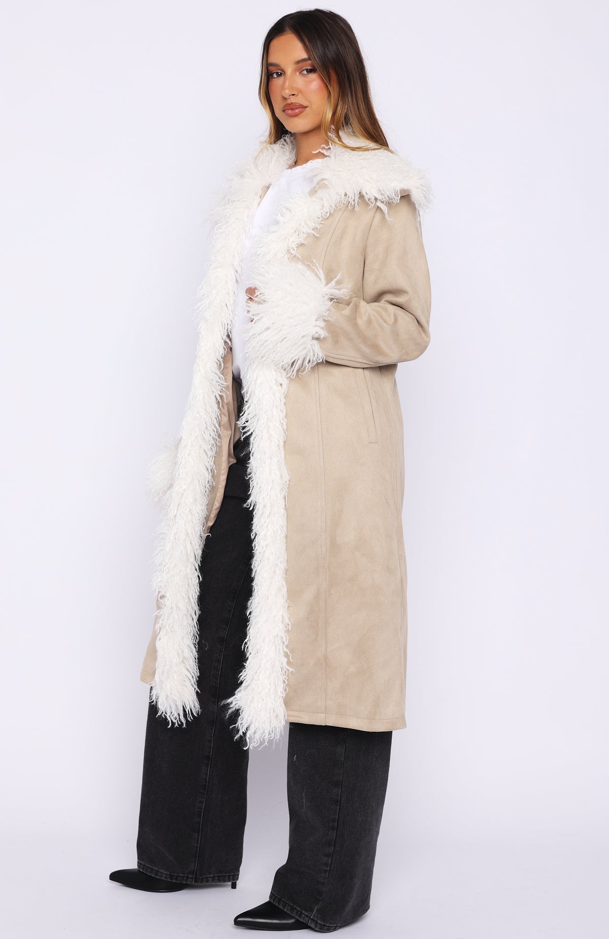White Fox Help Me Down Coat Beige