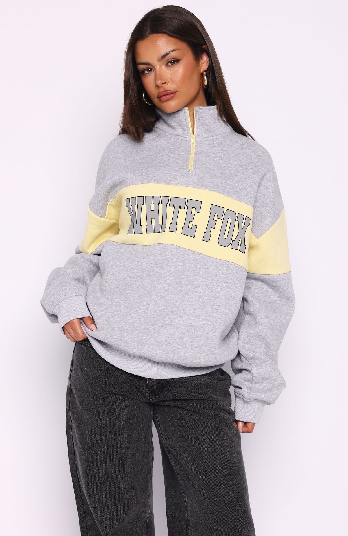 White Fox Show Yourself Zip Front Sweater Dark Grey Marle