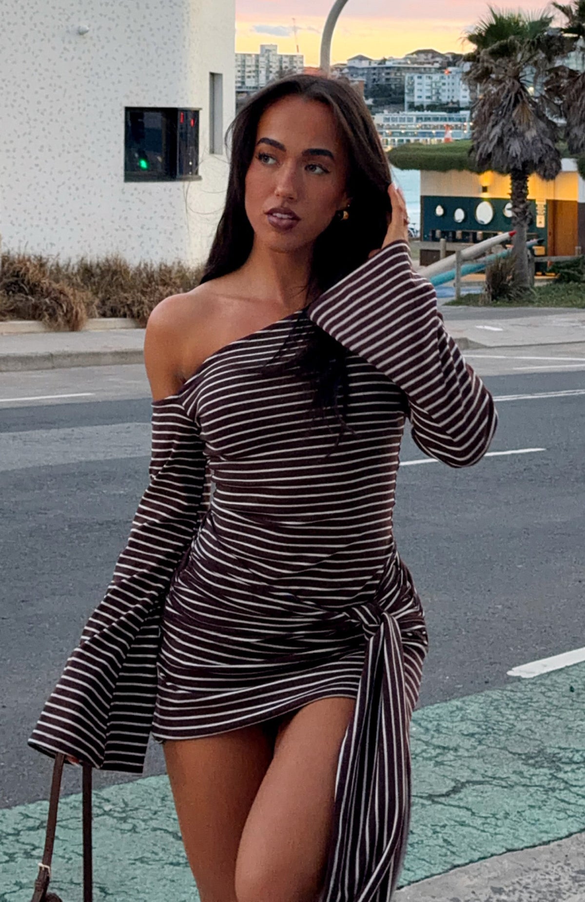 White Fox On Her Throne Off Shoulder Long Sleeve Mini Dress Chocolate/Marle Stripe
