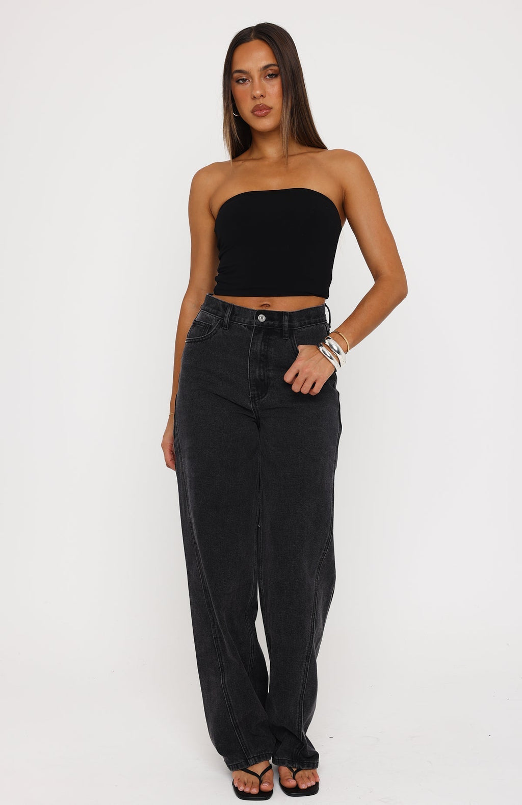 White Fox Kiara High Rise Barrel Leg Jeans Black Acid