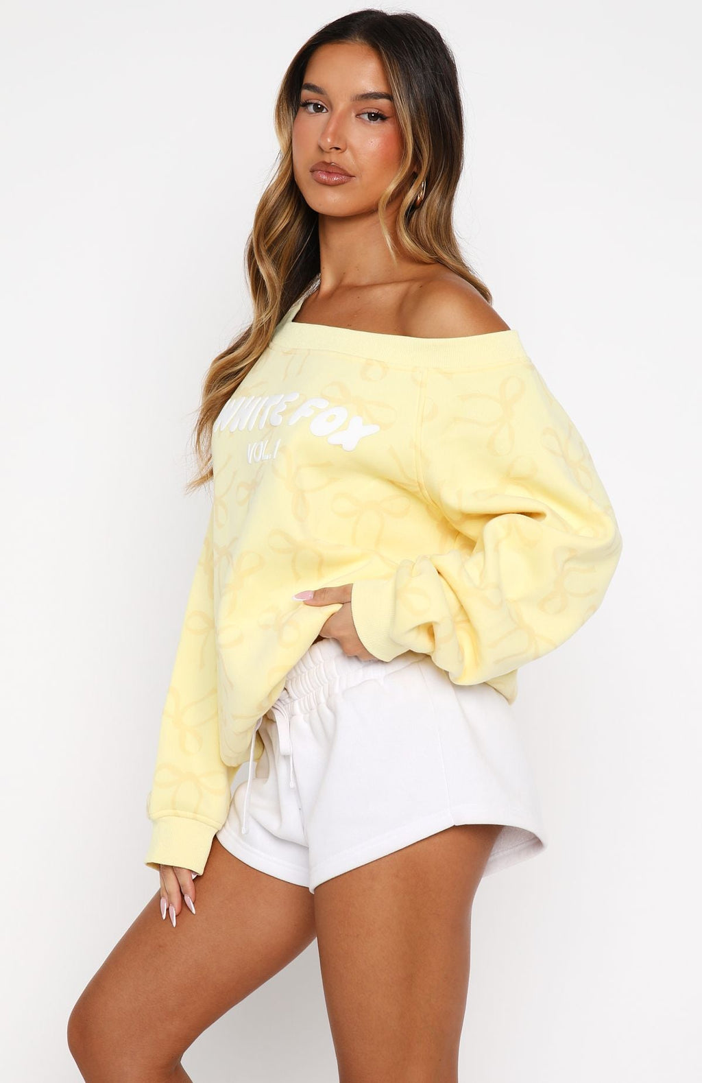 White Fox Vol. 1 Off Shoulder Printed Sweater Lemon Bow