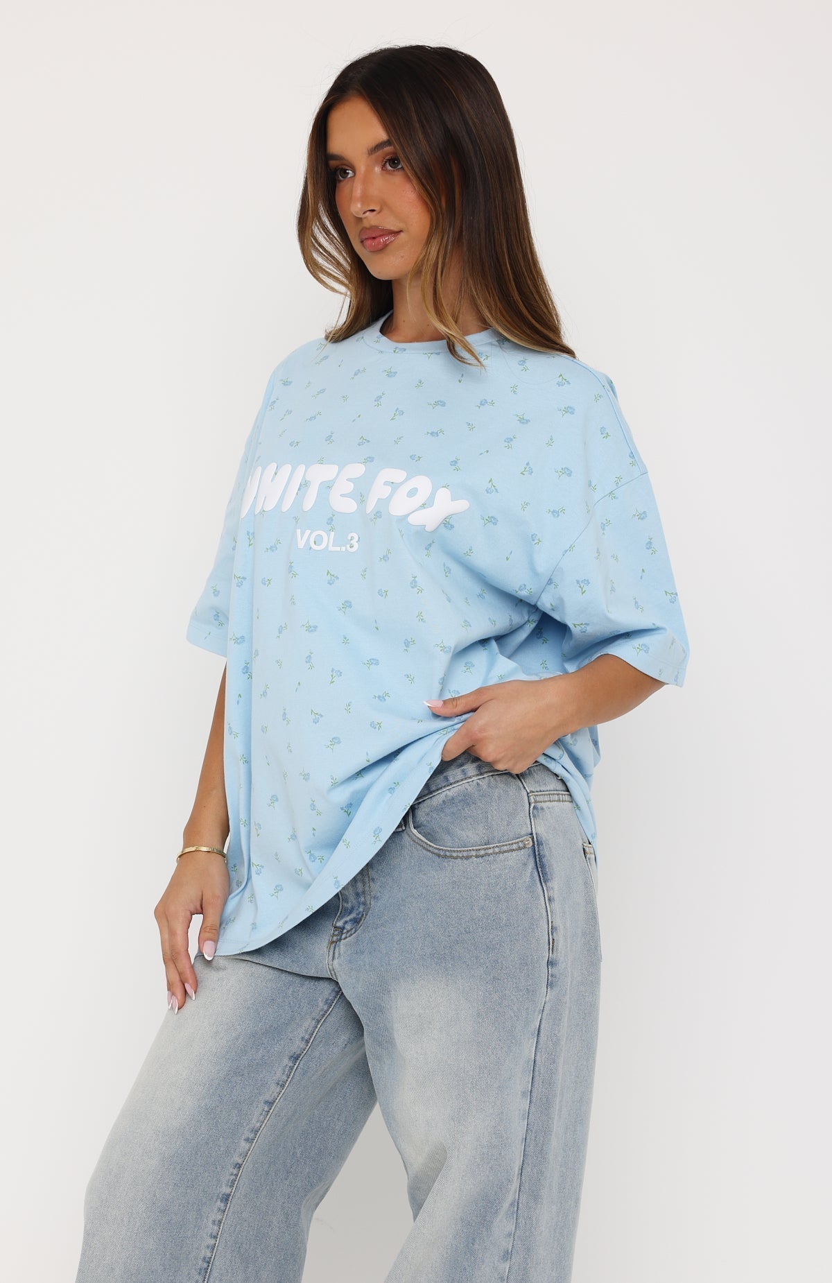 White Fox Offstage Printed Oversized Tee Blue Ditsy