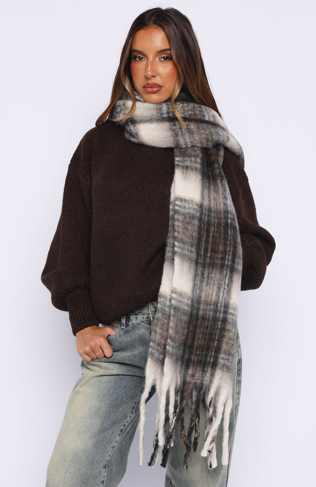 White Fox Farley Scarf Cappuccino Plaid