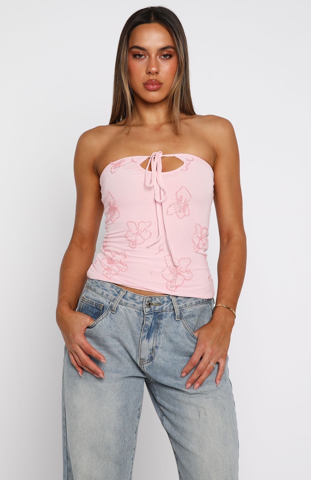 White Fox Glow Season Beaded Strapless Top Baby Pink
