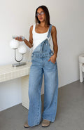 White Fox This Isn't Working Denim Overall Jumpsuit Vintage Ice Blue