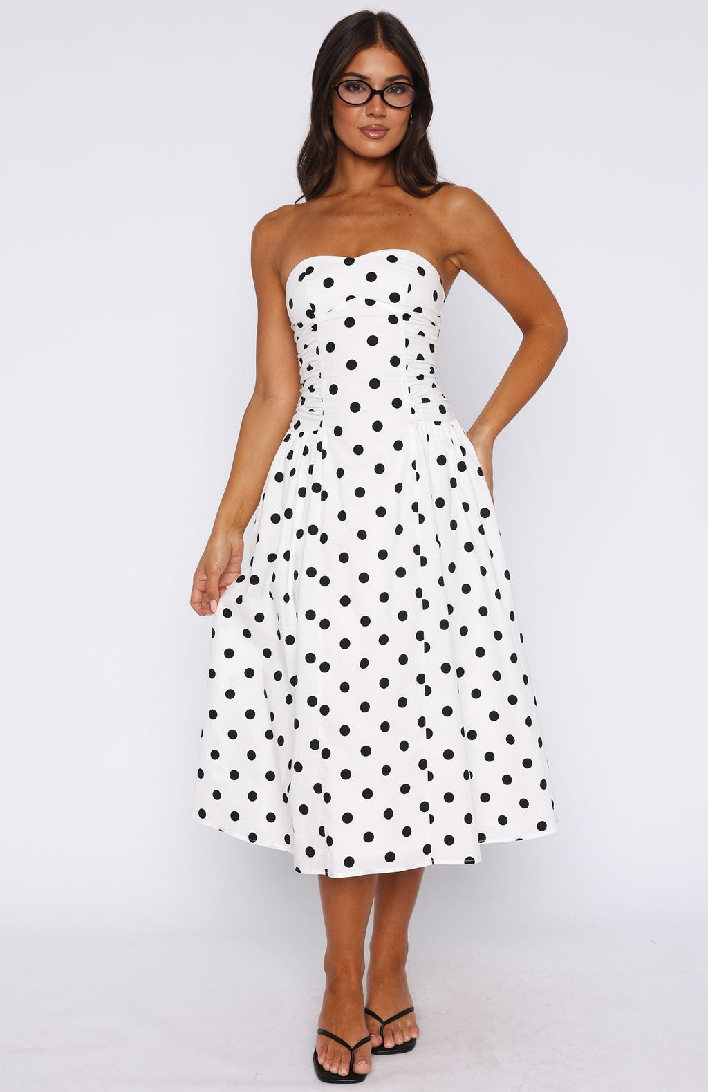 White Fox Rich In Love Strapless Midi Dress White/Black Polka Dot