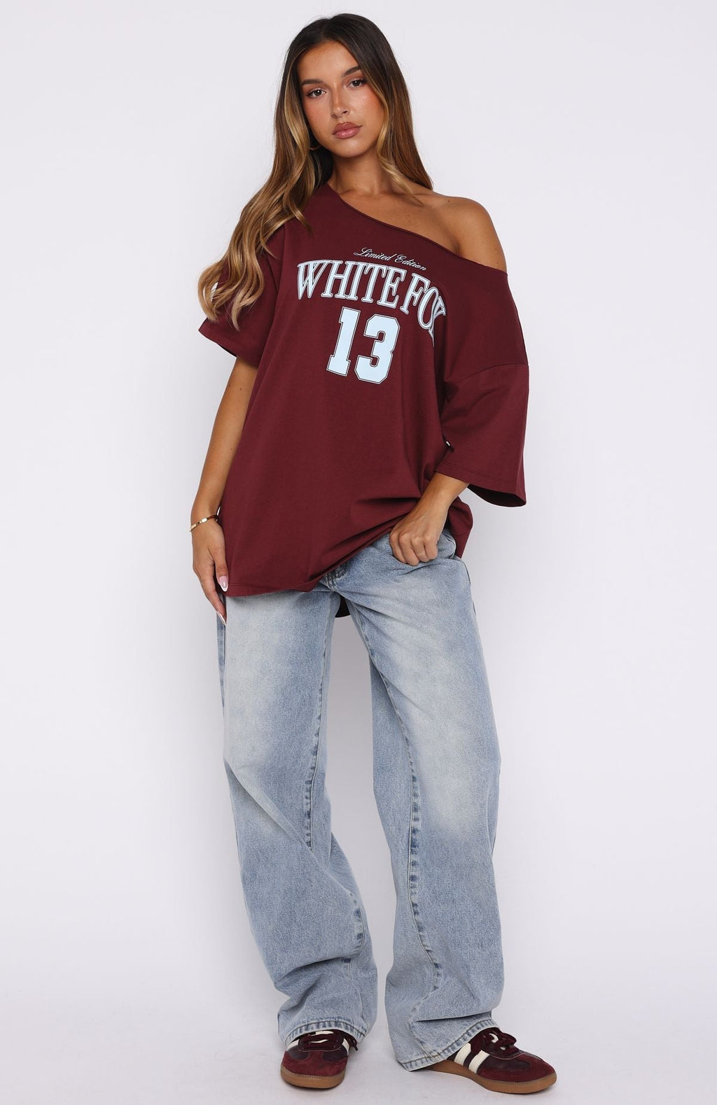 White Fox Everything In Time Off Shoulder Oversized Tee Burgundy
