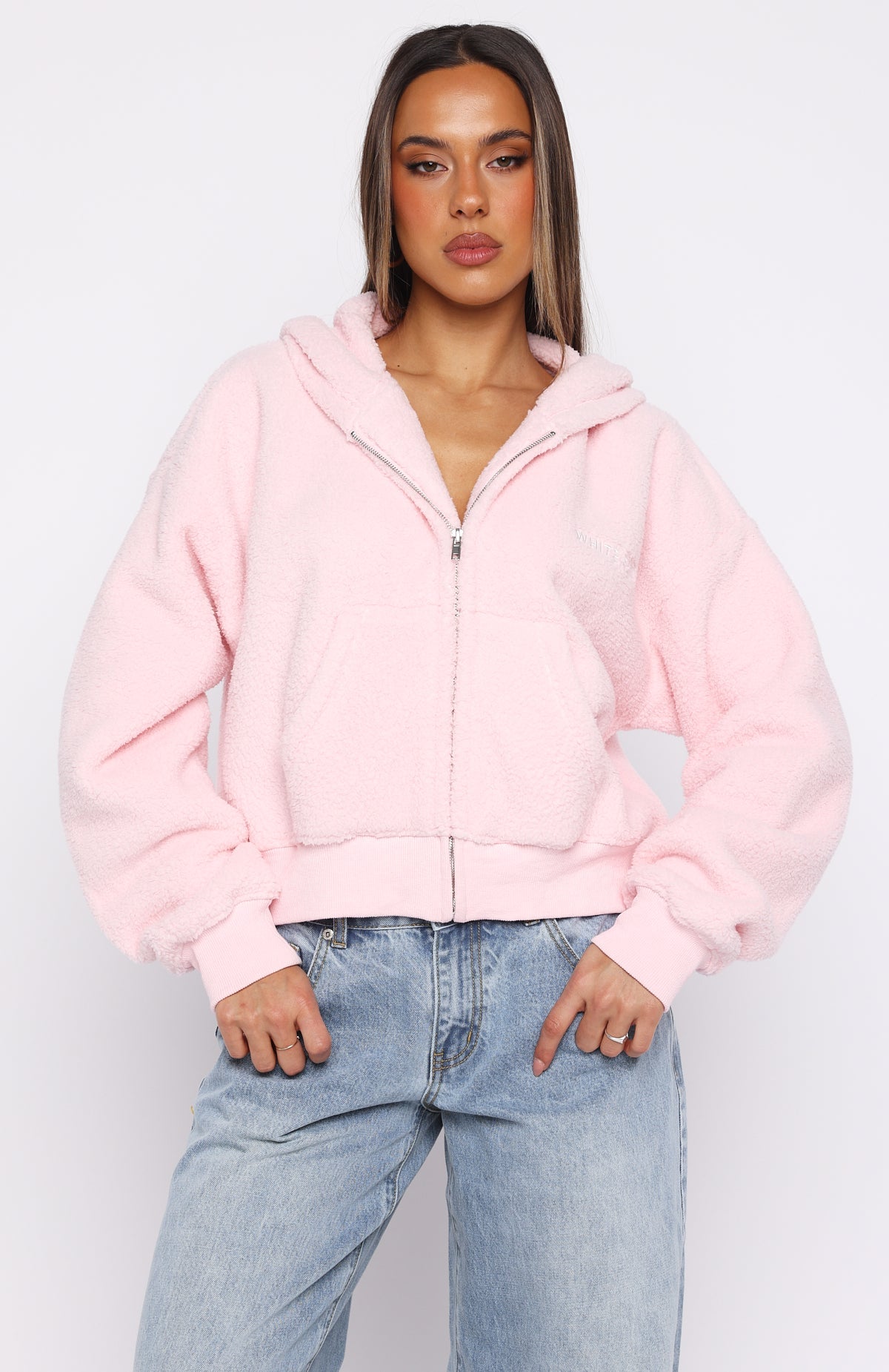 White Fox Always First Teddy Borg Boxy Zip Front Hoodie Pink